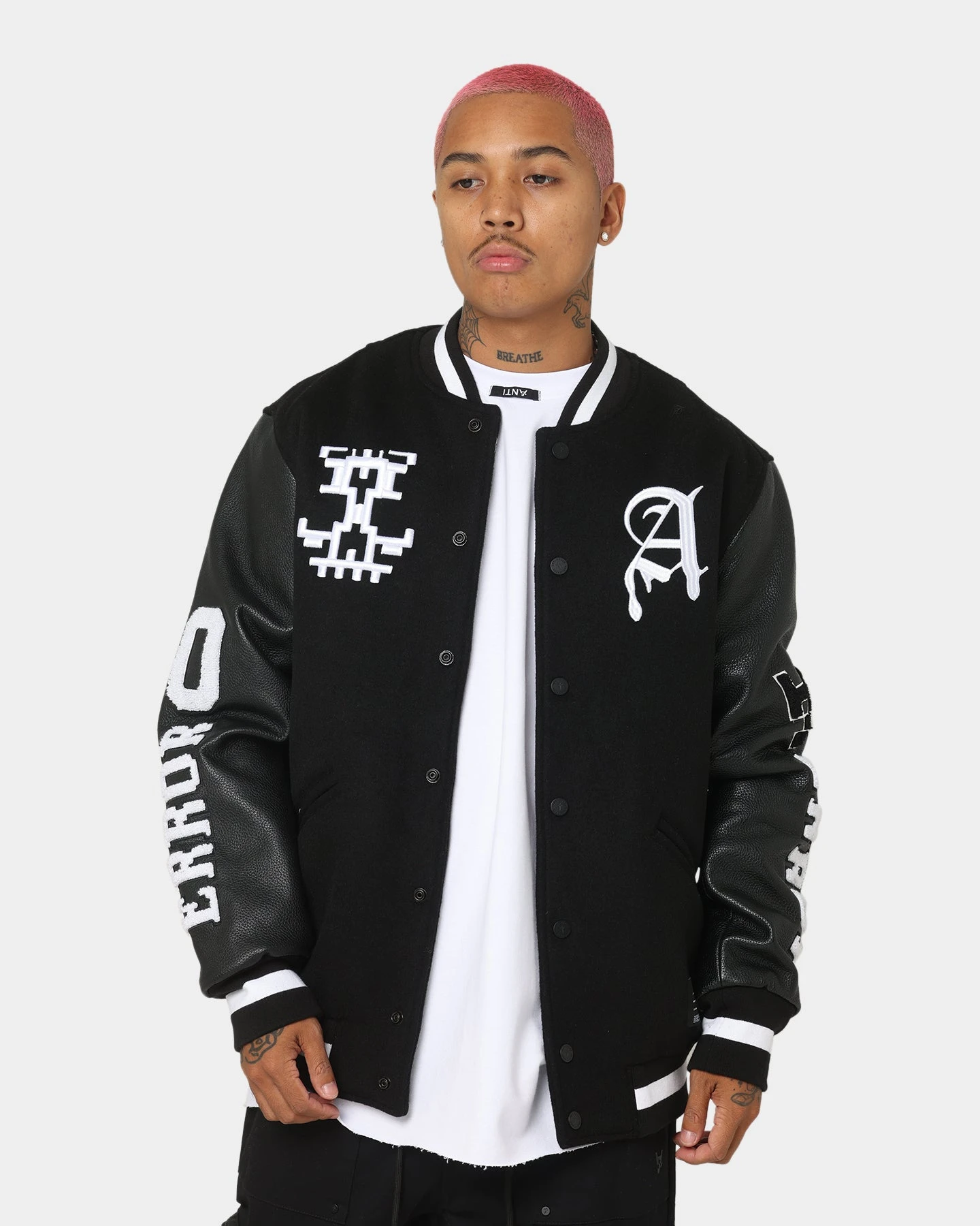 The Anti Order Dead Pixel Leather Varsity Jacket Black/White 1 The Anti Order Dead Pixel Leather Varsity Jacket Black/White