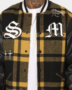 Saint Morta Graveyard Plaid Varsity Jacket Black/Yellow -Champions Style 02043105 YB016 mens 0040