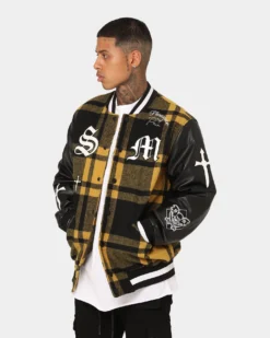 Saint Morta Graveyard Plaid Varsity Jacket Black/Yellow -Champions Style 02043105 YB016 mens 0070