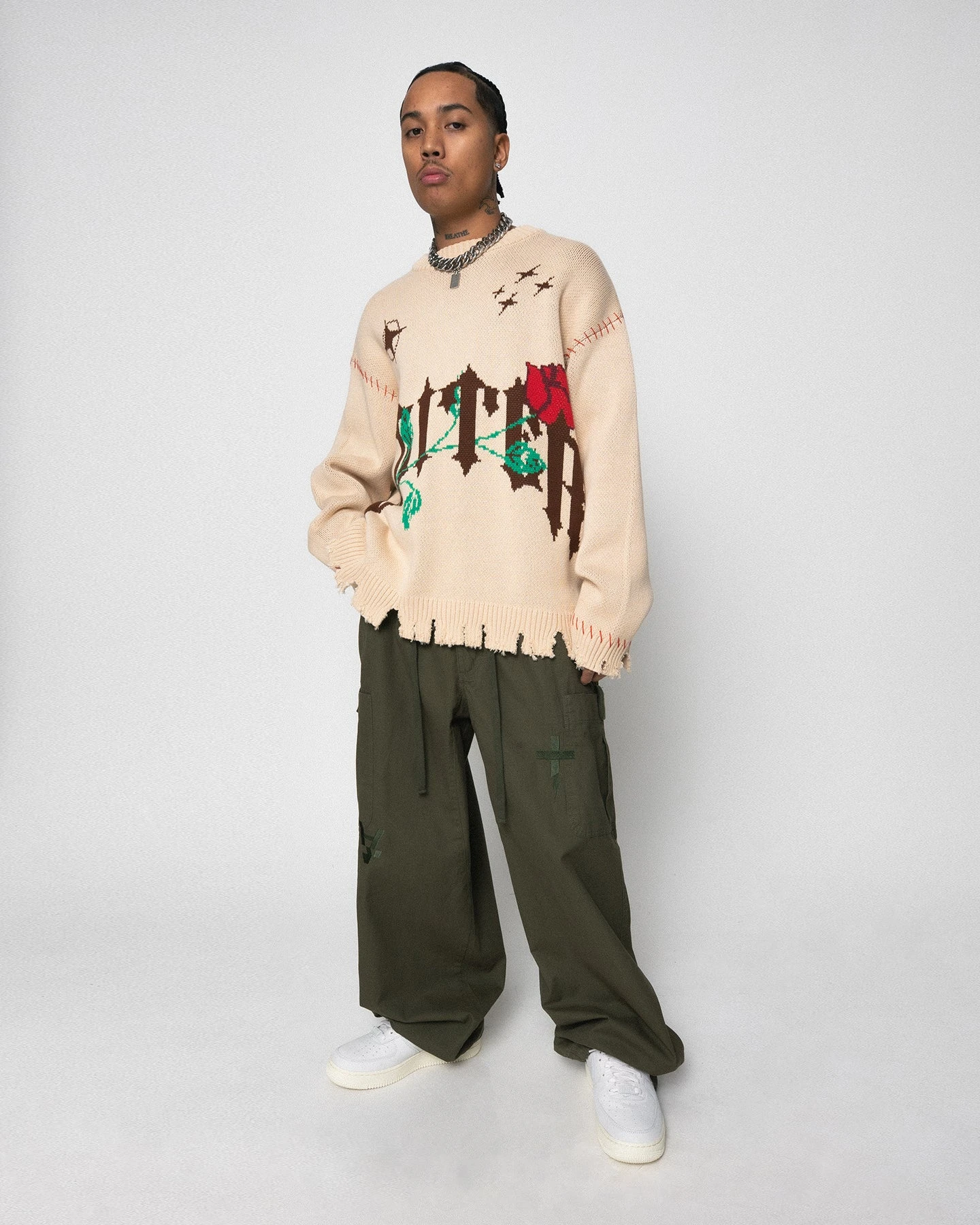 Loiter Fable Distressed Knit Sweater Stone 2 Loiter Fable Distressed Knit Sweater Stone - Image 2