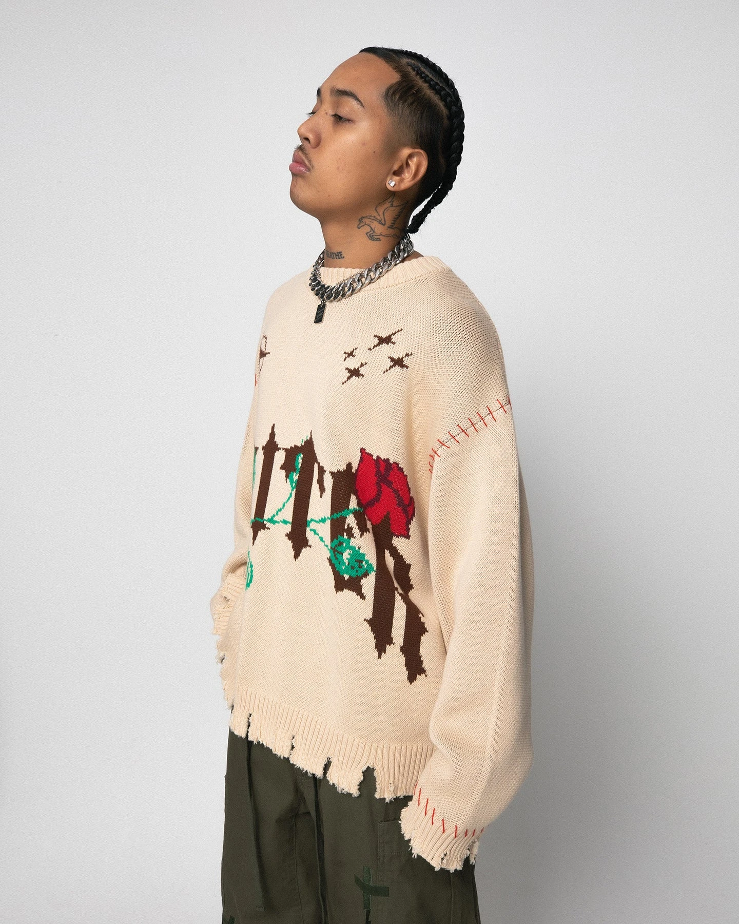 Loiter Fable Distressed Knit Sweater Stone 3 Loiter Fable Distressed Knit Sweater Stone - Image 3