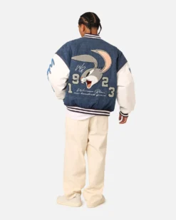 American Thrift X Warner Bros. 100 Years Varsity Jacket Blue/Cream -Champions Style 02047663 YX124 mens 0080