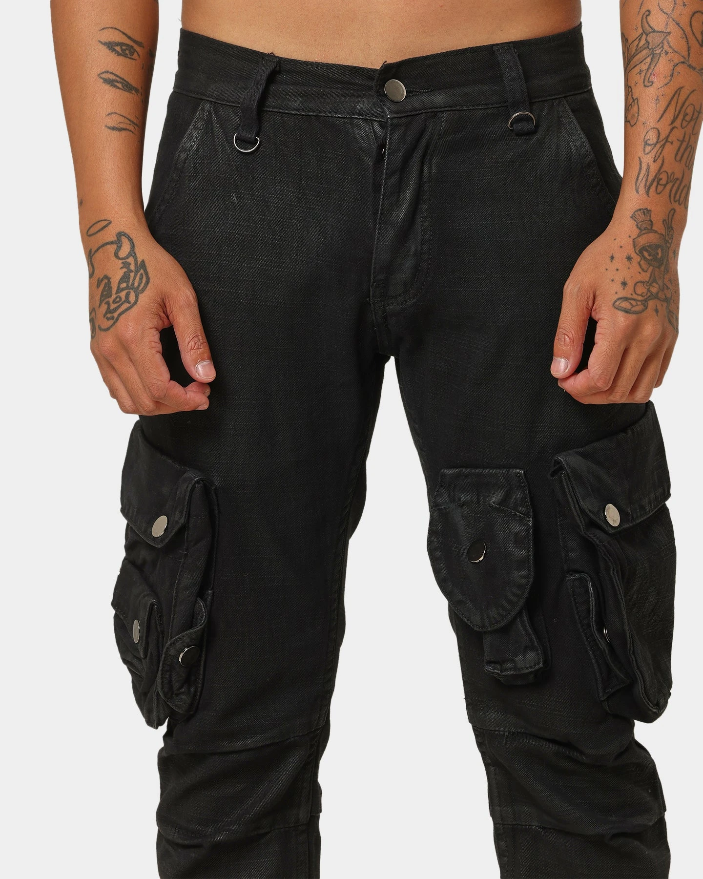 MNML Waxed Denim Cargo Pants Black 3 MNML Waxed Denim Cargo Pants Black - Image 3