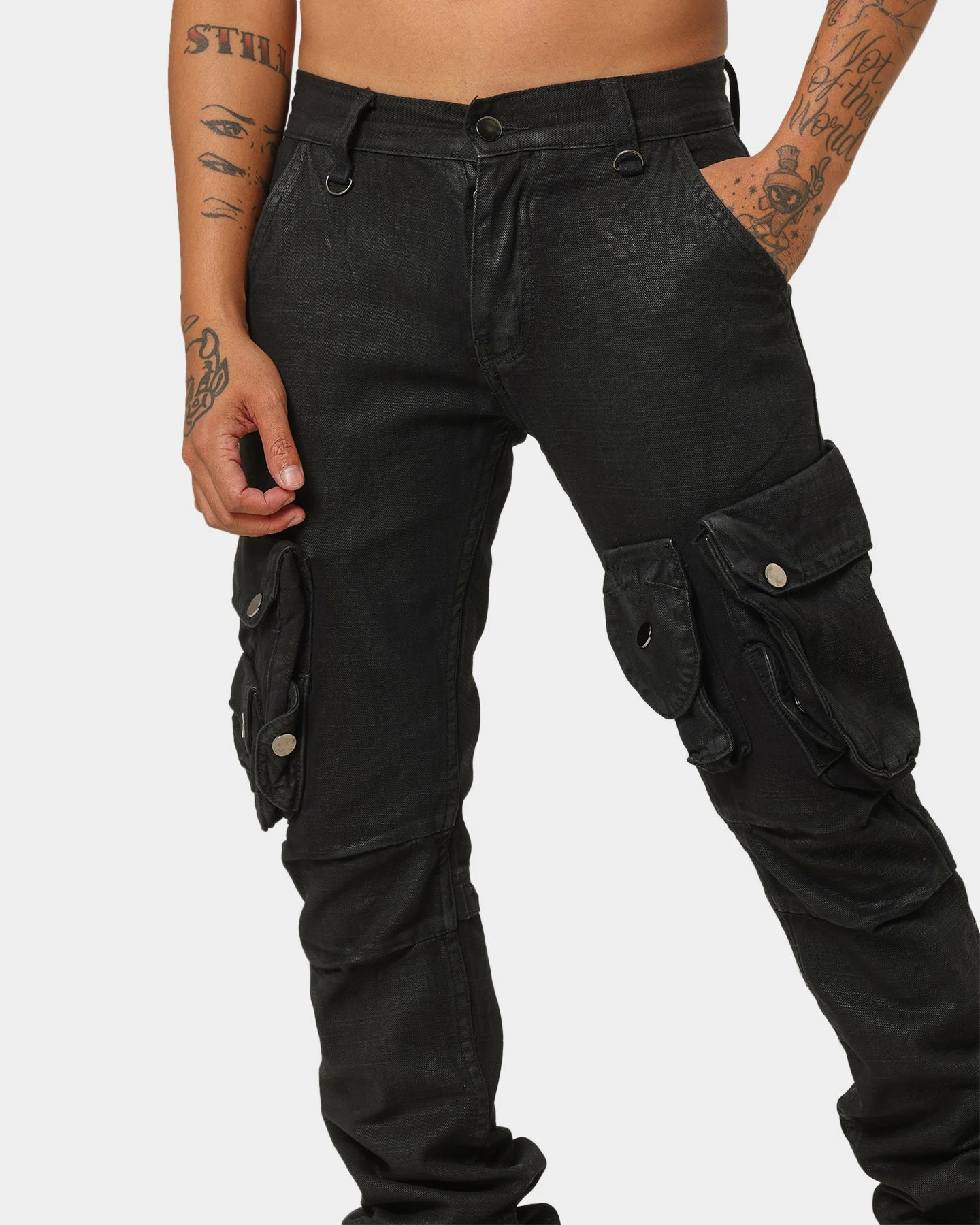 MNML Waxed Denim Cargo Pants Black 7 MNML Waxed Denim Cargo Pants Black - Image 7